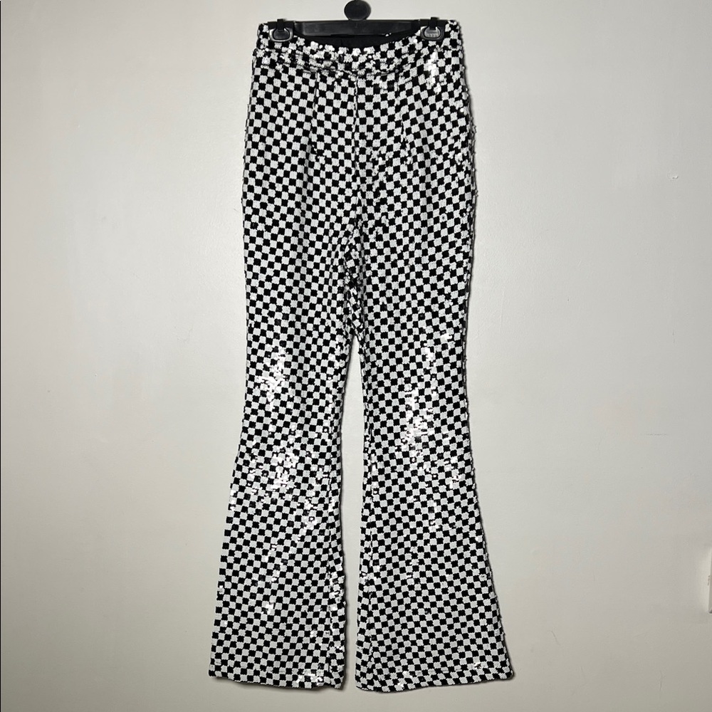 Black & White Sequins Checkerboard Flared Pants